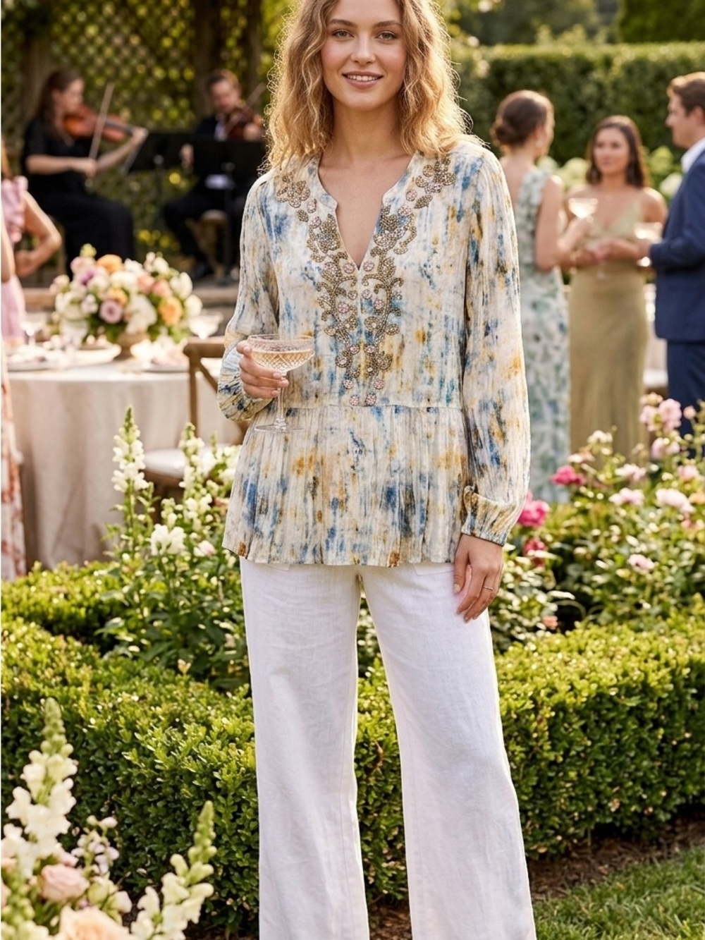 Soft Surroundings Watercolor Embroidered V-Neck Blouse — Blue, Cream & Yellow